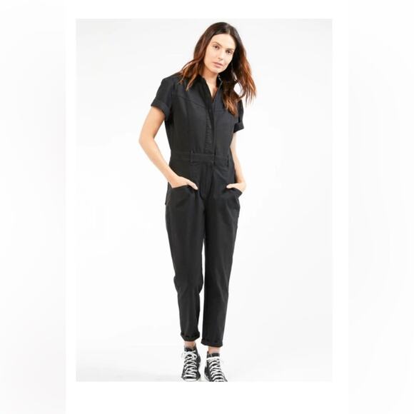 NEW Outerknown Jenson Jumpsuit Size L Black Utility Snap Button Short Sleeve - Picture 1 of 14